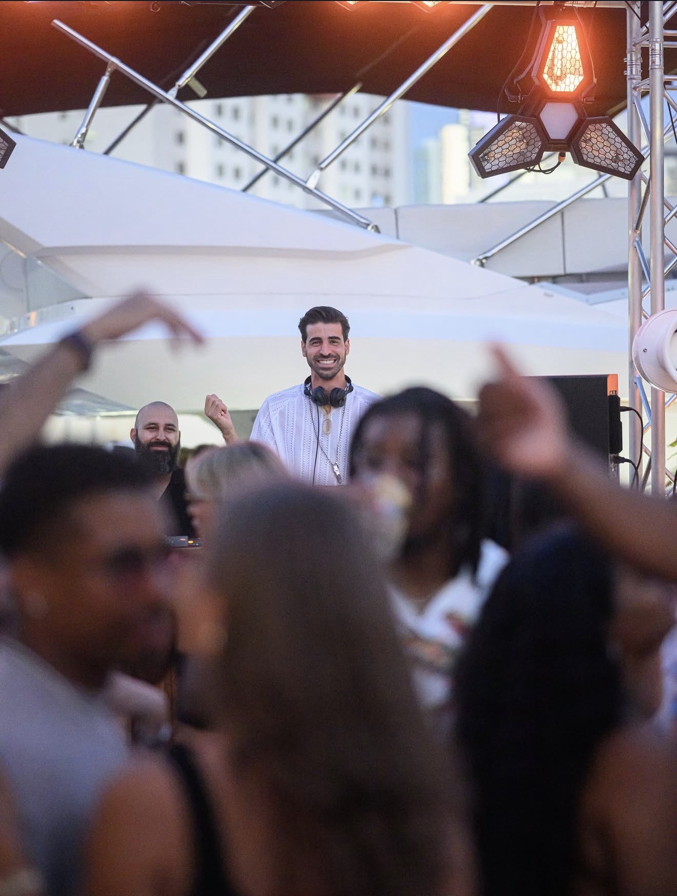 Bagatelle Miami Run outdoor daytime DJ set crowd dancing white canopy Miami skyline riverfront dayclub